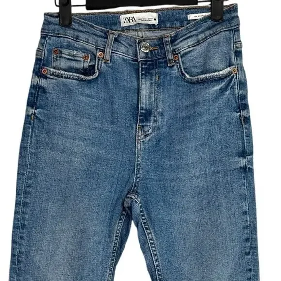 ZARA Bootcut High Rise Straight Jean Stretch Raw Hem Zip Button 2 Blue #3324 - Picture 2 of 14